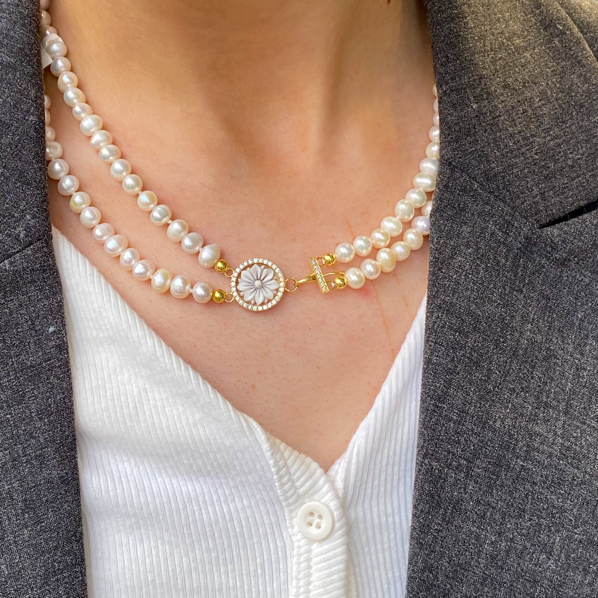 Floral Cameo & Freshwater Pearl Double Necklace - John Ross Jewellers