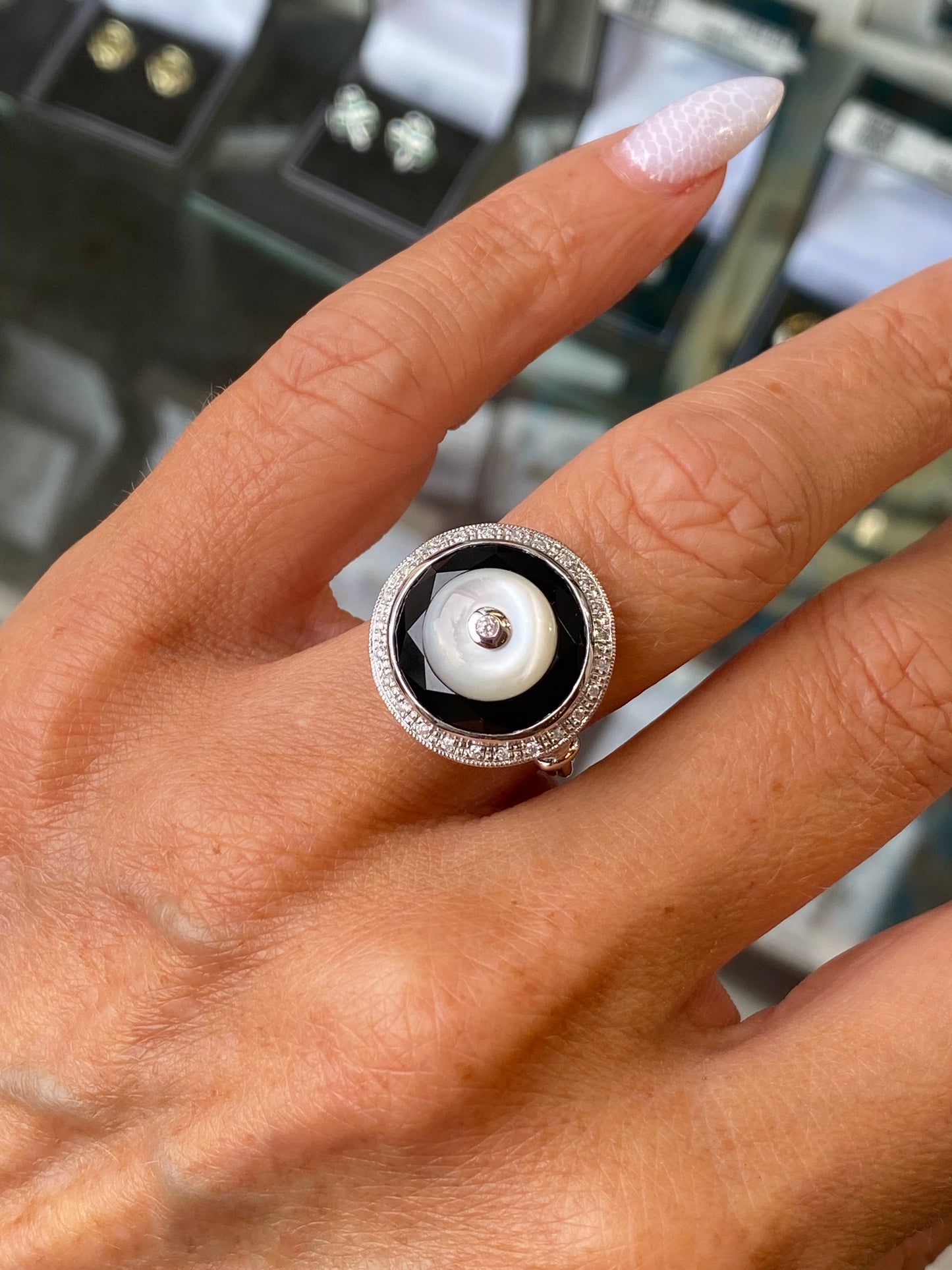 9ct White Gold Mother of Pearl, Onyx & Diamond Ring - John Ross Jewellers