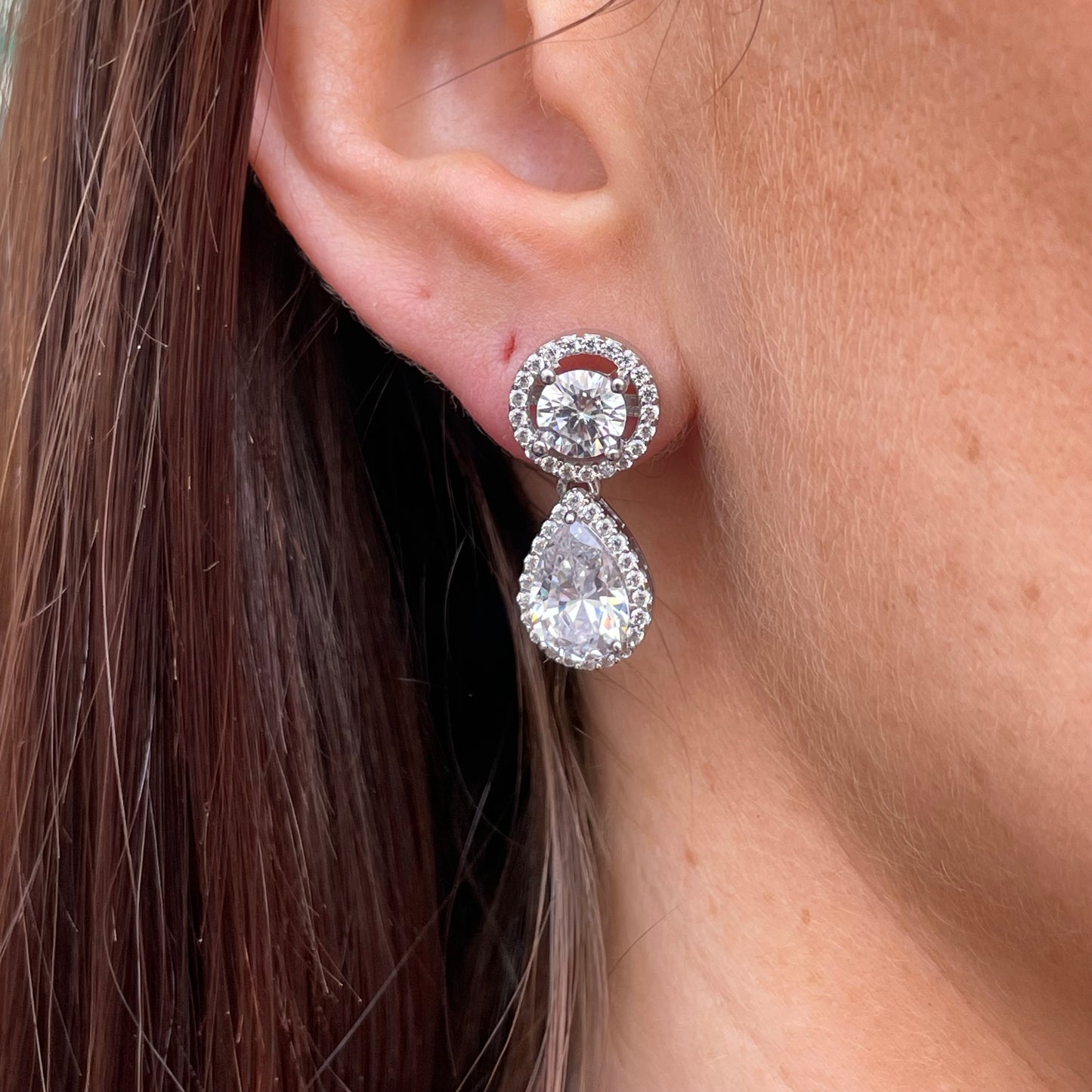 Silver Pear Halo CZ Drop Earrings