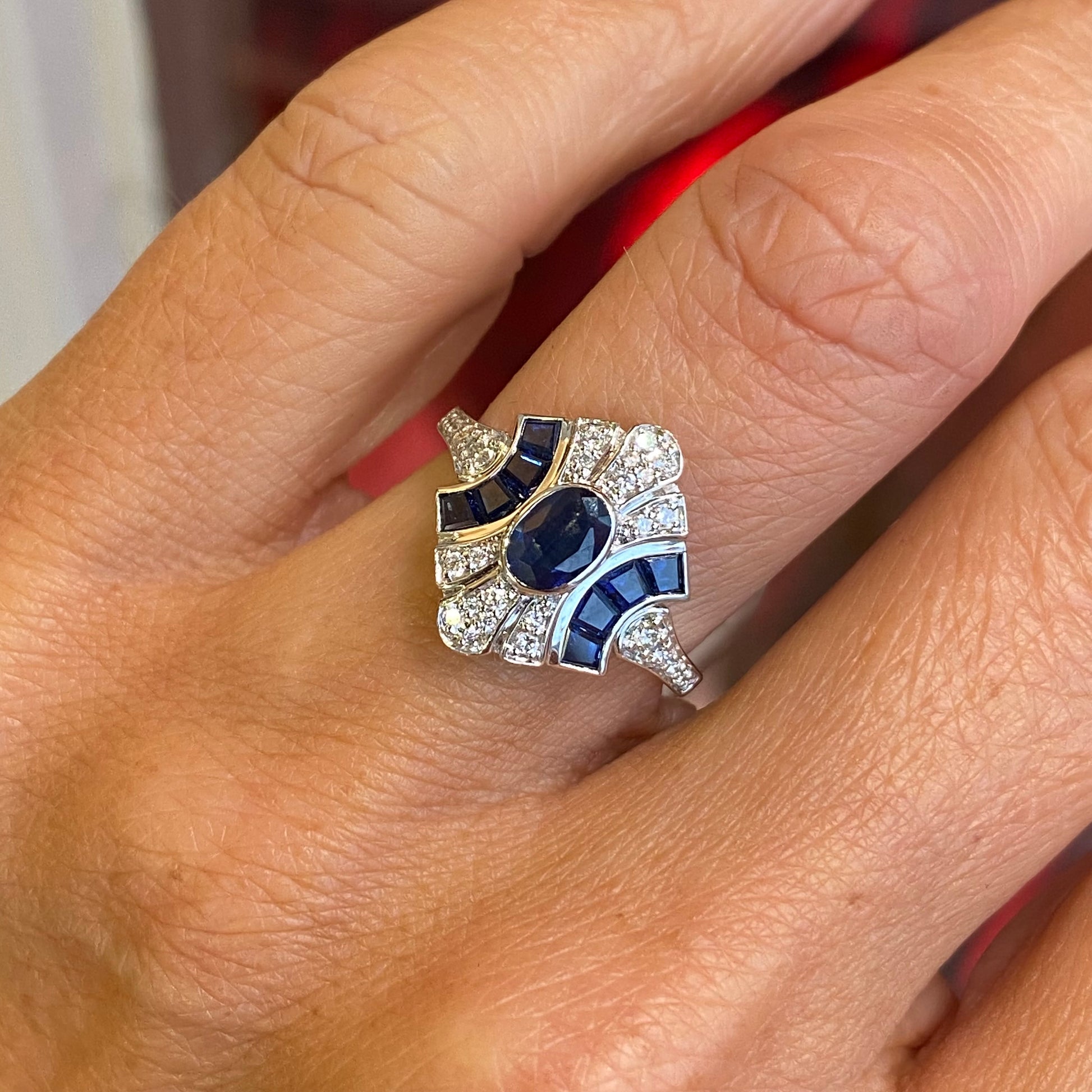 18ct White Gold Sapphire & Diamond Deco Ring - John Ross Jewellers