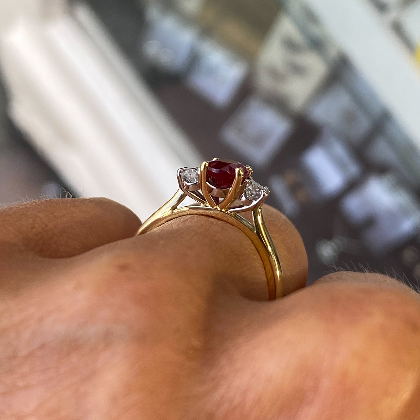 18ct Gold Ruby & Diamond Trilogy Ring