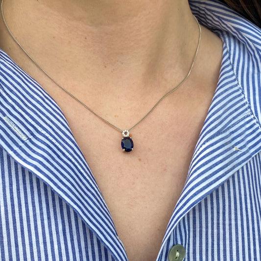 Silver CZ Oval Necklace | Sapphire Blue