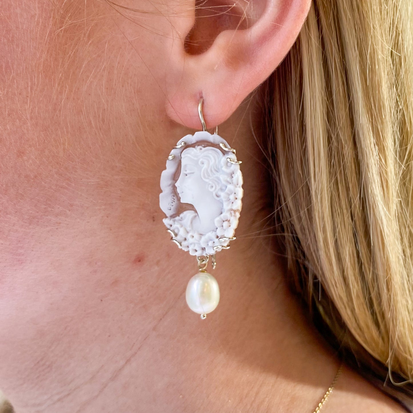 Cameo & Pearl Drop Earrings - Medium - John Ross Jewellers