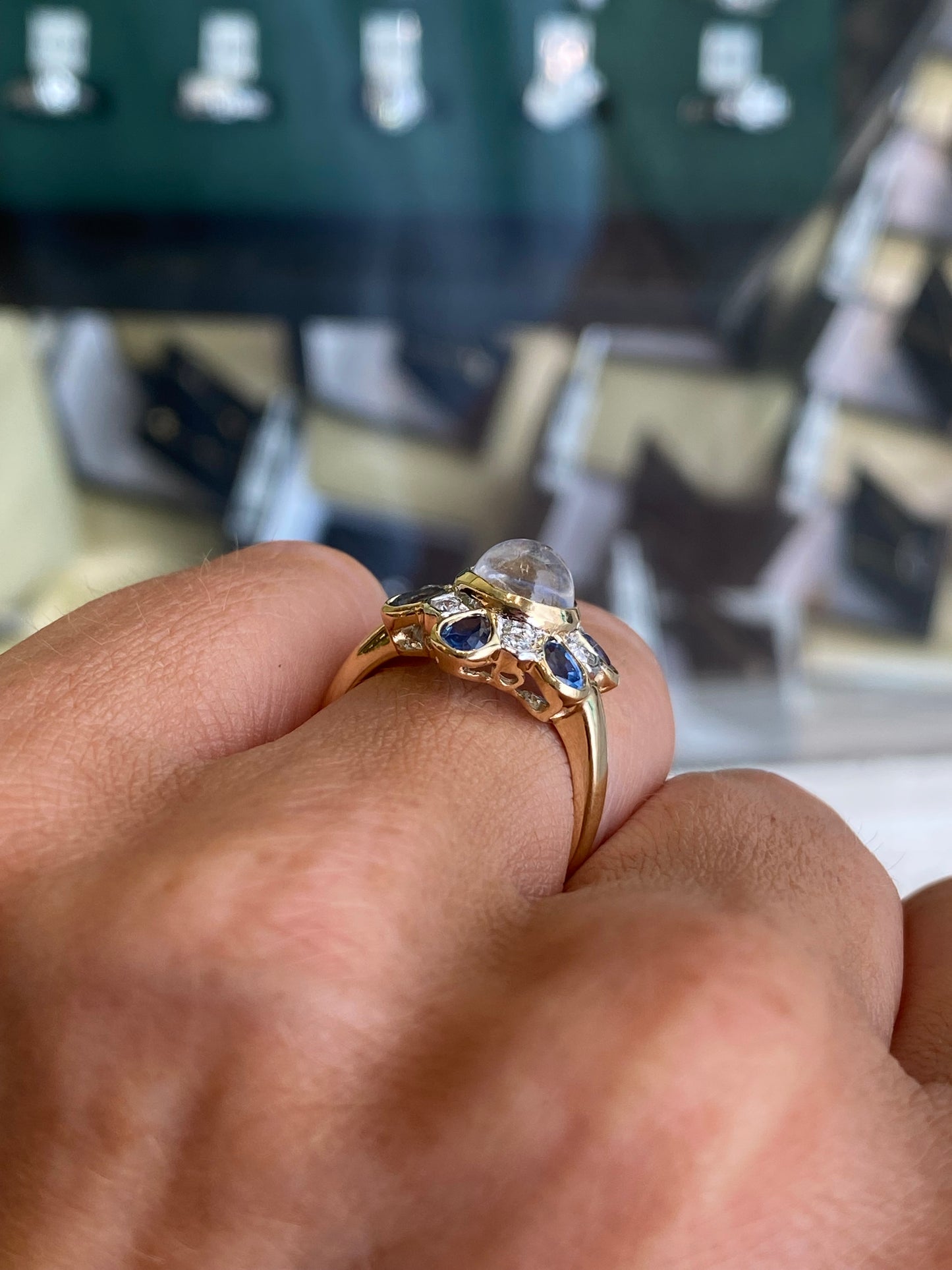 9ct Gold Rainbow Blue Moonstone, Sapphire & Diamond Ring