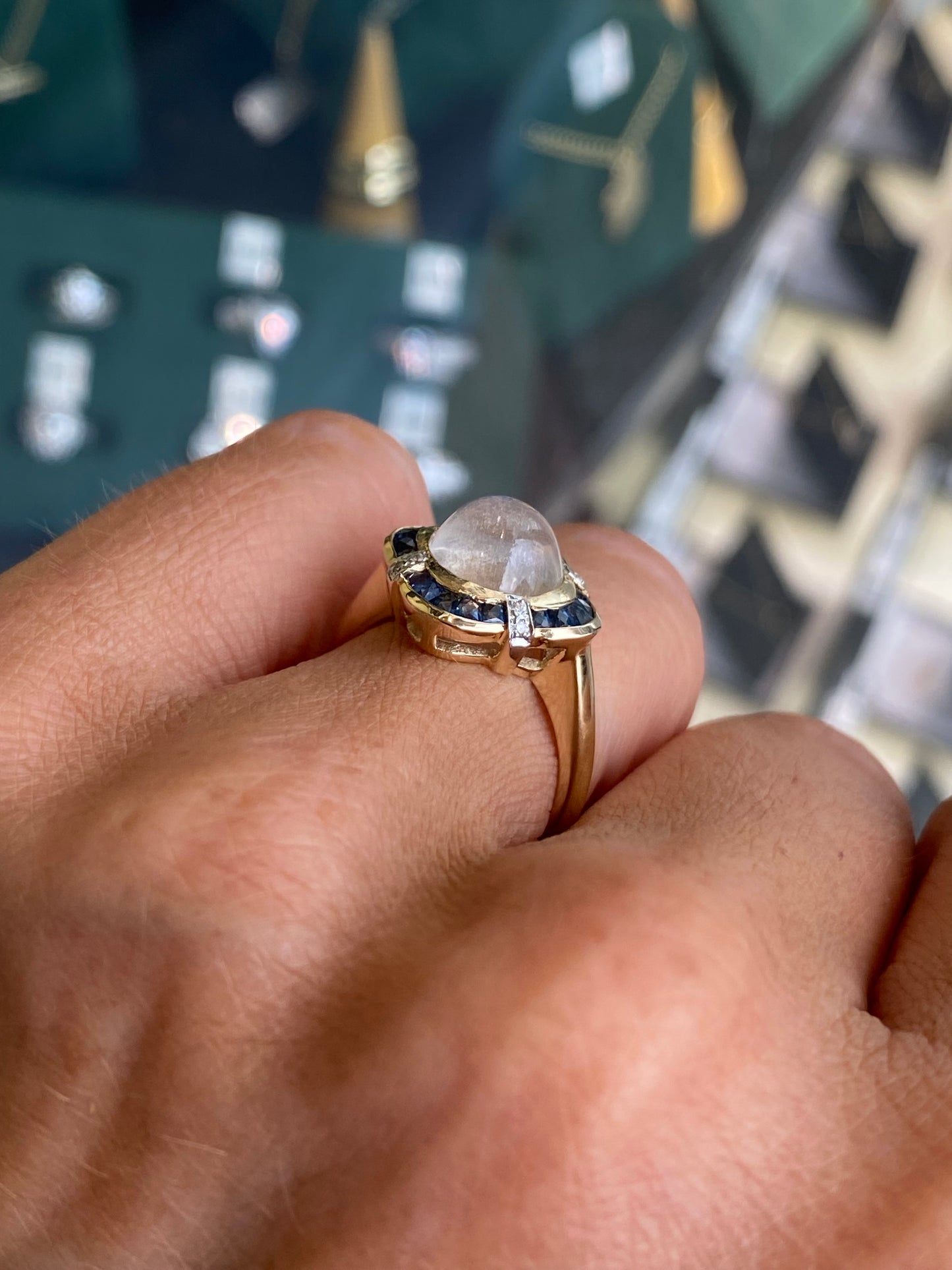 9ct Gold Rainbow Blue Moonstone, Sapphire & Diamond Ring
