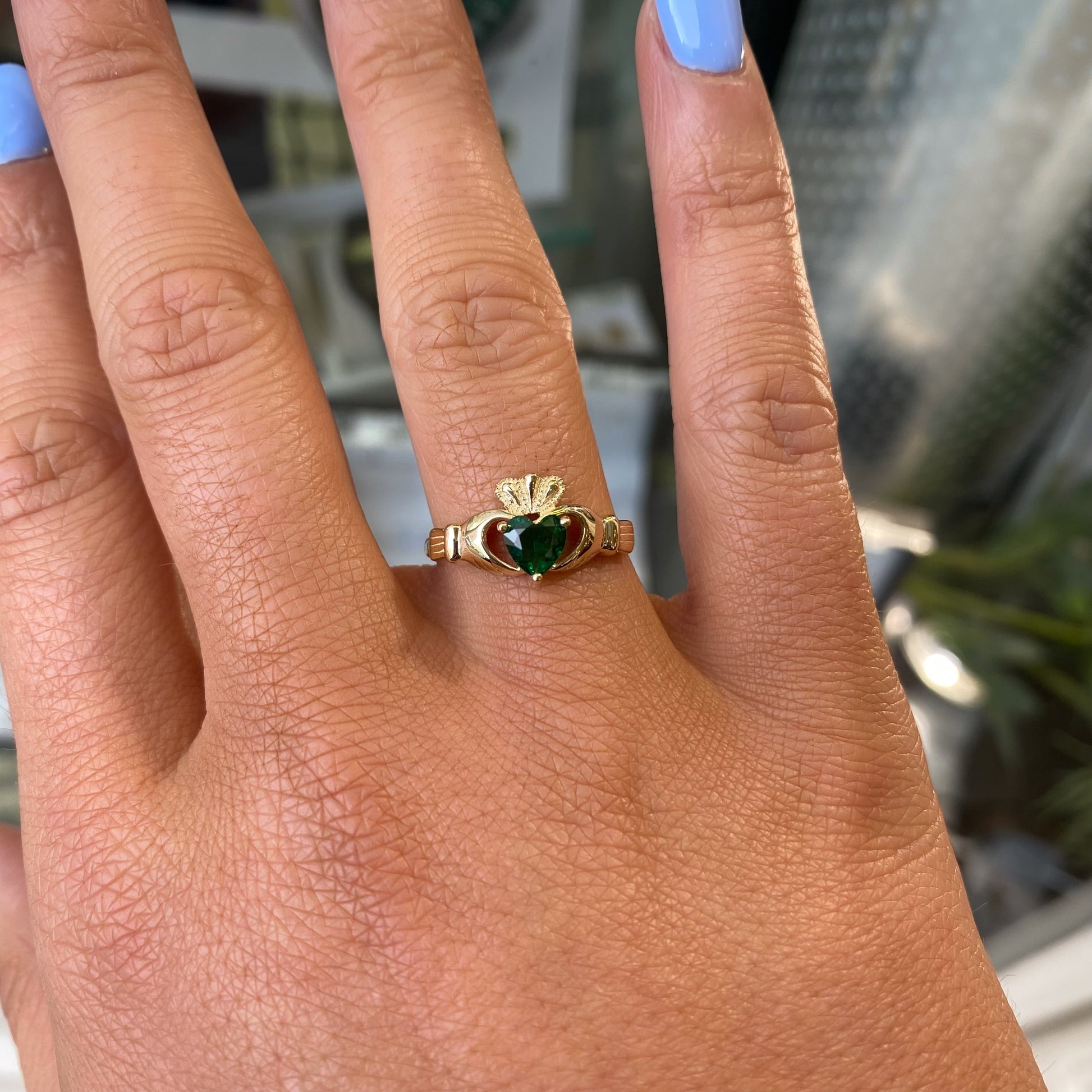 9ct Gold Green CZ Claddagh Ring - John Ross Jewellers