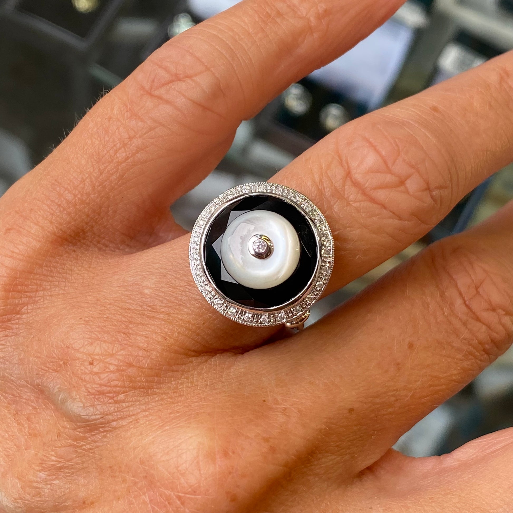 9ct White Gold Mother of Pearl, Onyx & Diamond Ring - John Ross Jewellers