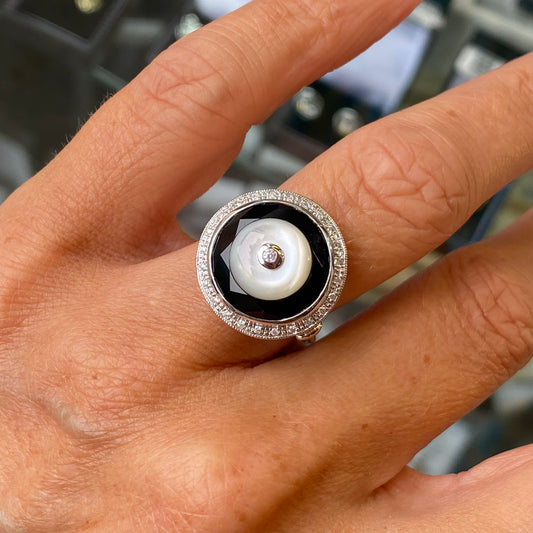 9ct White Gold Mother of Pearl, Onyx & Diamond Ring - John Ross Jewellers