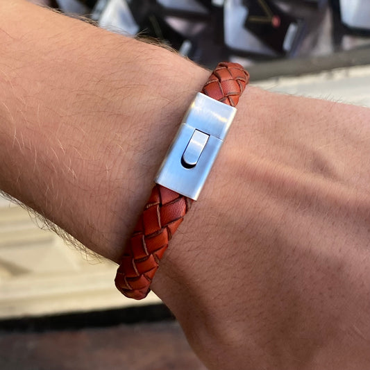 FRED BENNETT Stainless Steel & Plaited Rust Brown Leather Wristband - John Ross Jewellers