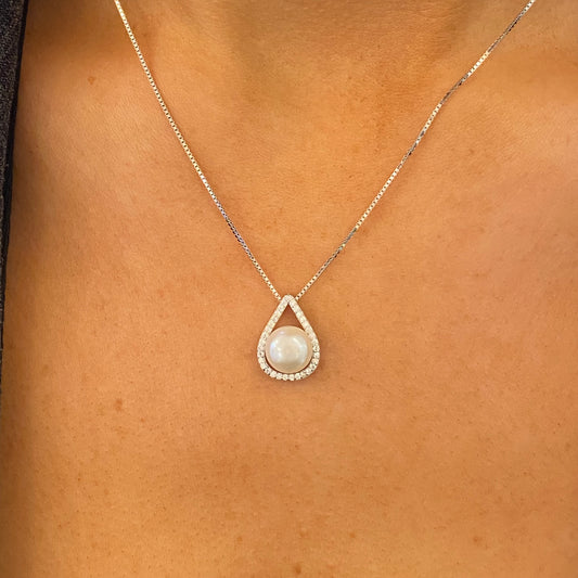 Silver 10mm Freshwater Pearl & CZ Necklace | 42-3cm - John Ross Jewellers