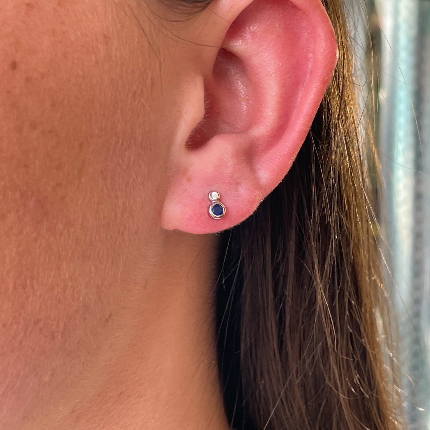 Silver Double Bezel CZ Stud Earrings | Sapphire Blue - John Ross Jewellers