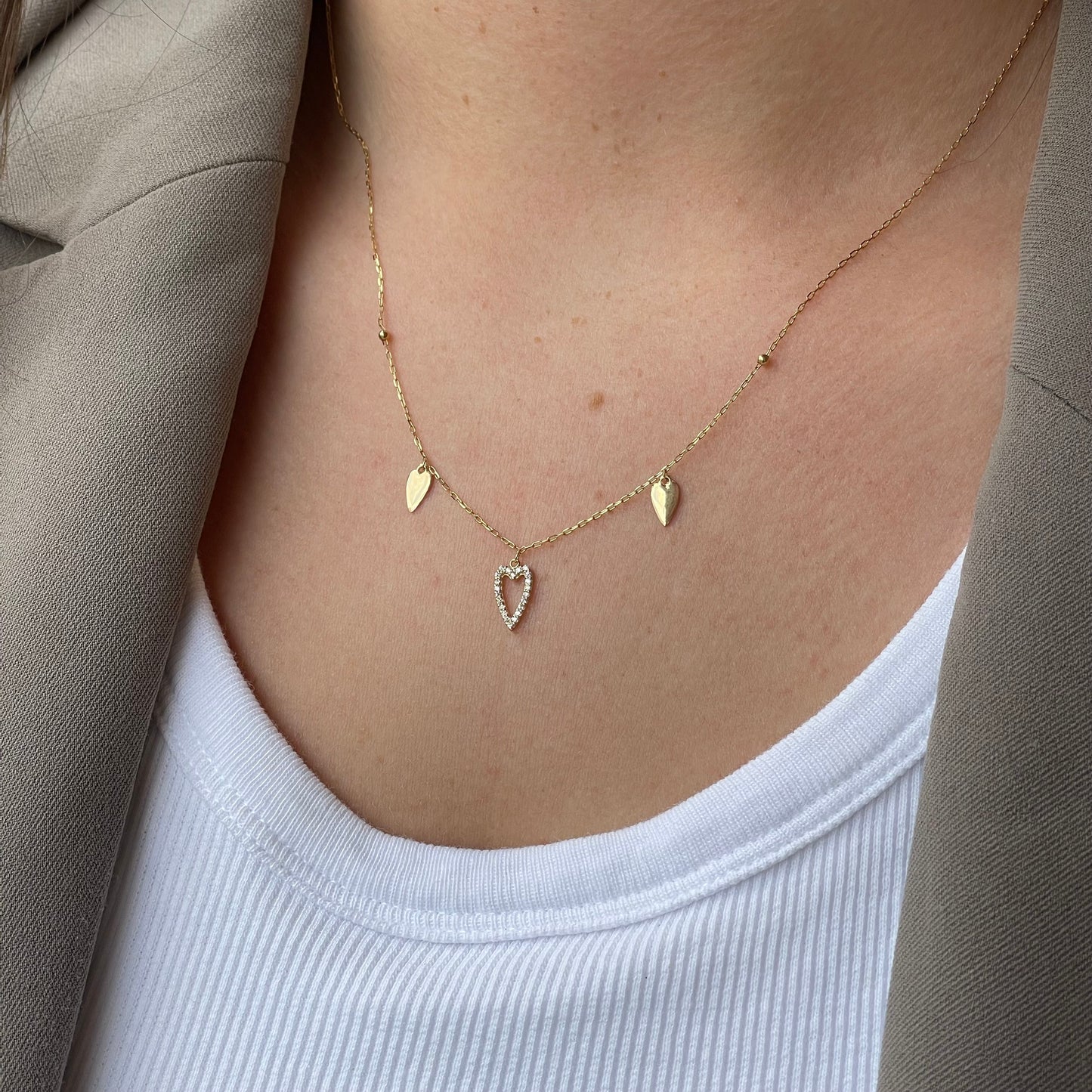 9ct Gold CZ Modern Heart Charm Necklace - John Ross Jewellers