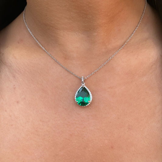 Silver CZ Pear Halo Necklace | Emerald Green