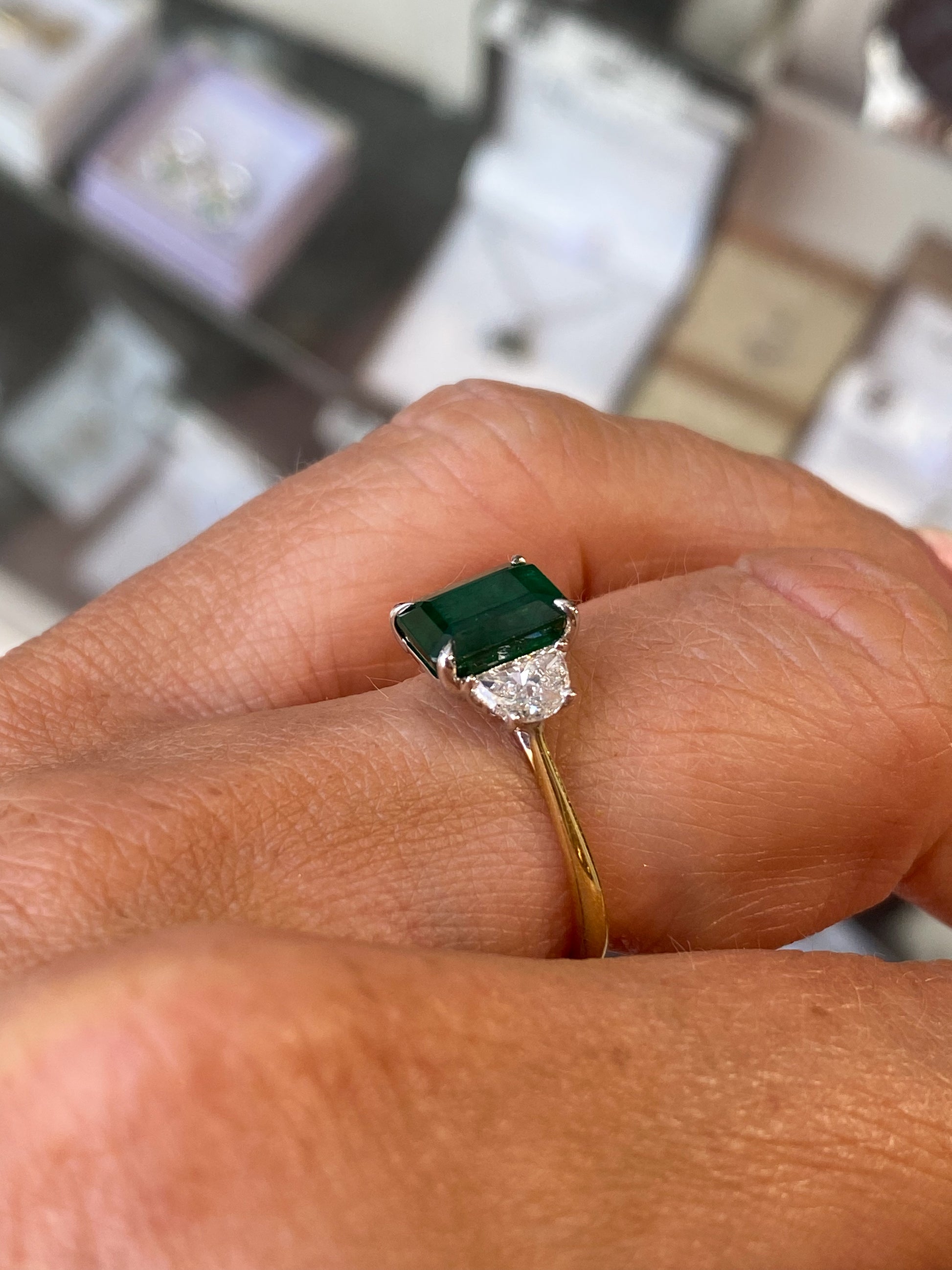 18ct Gold Emerald & Diamond Trilogy Ring - John Ross Jewellers