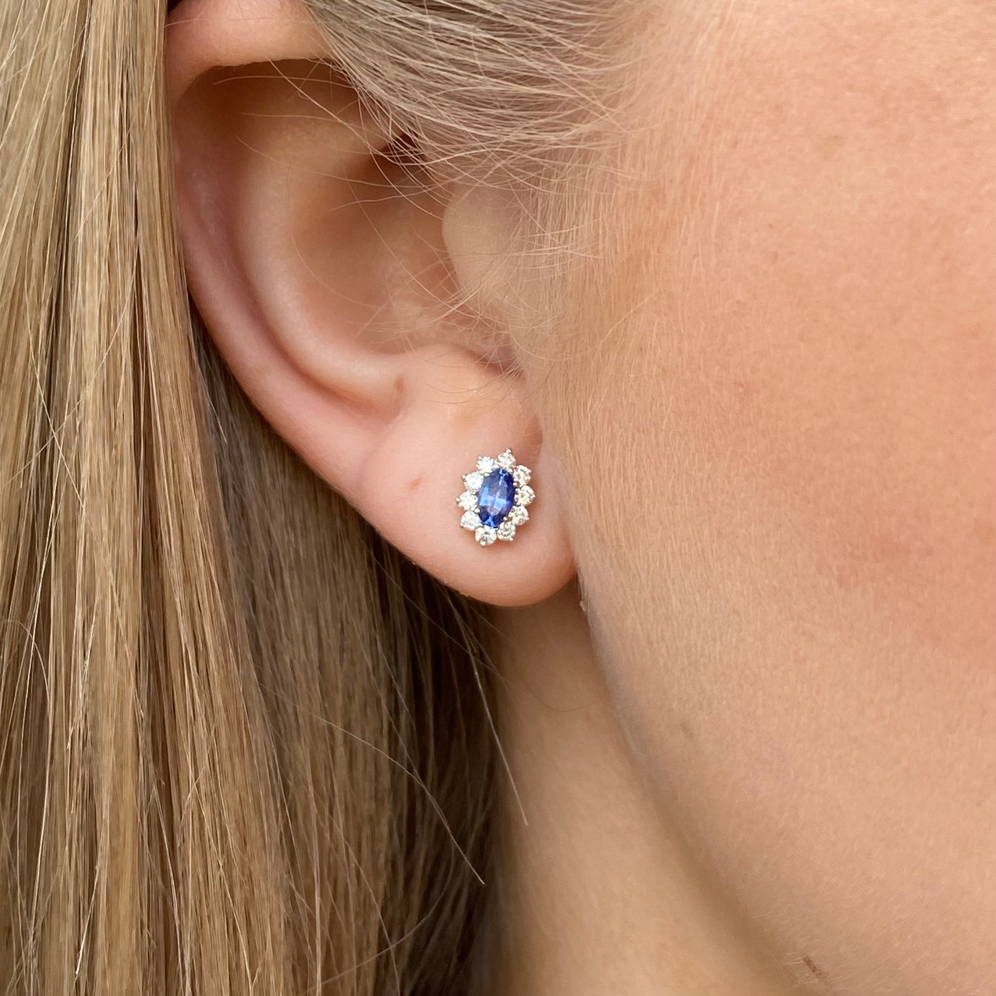 18ct white gold sapphire and diamond oval cluster stud earrings by LMJ featuring sparkling stones and elegant design.