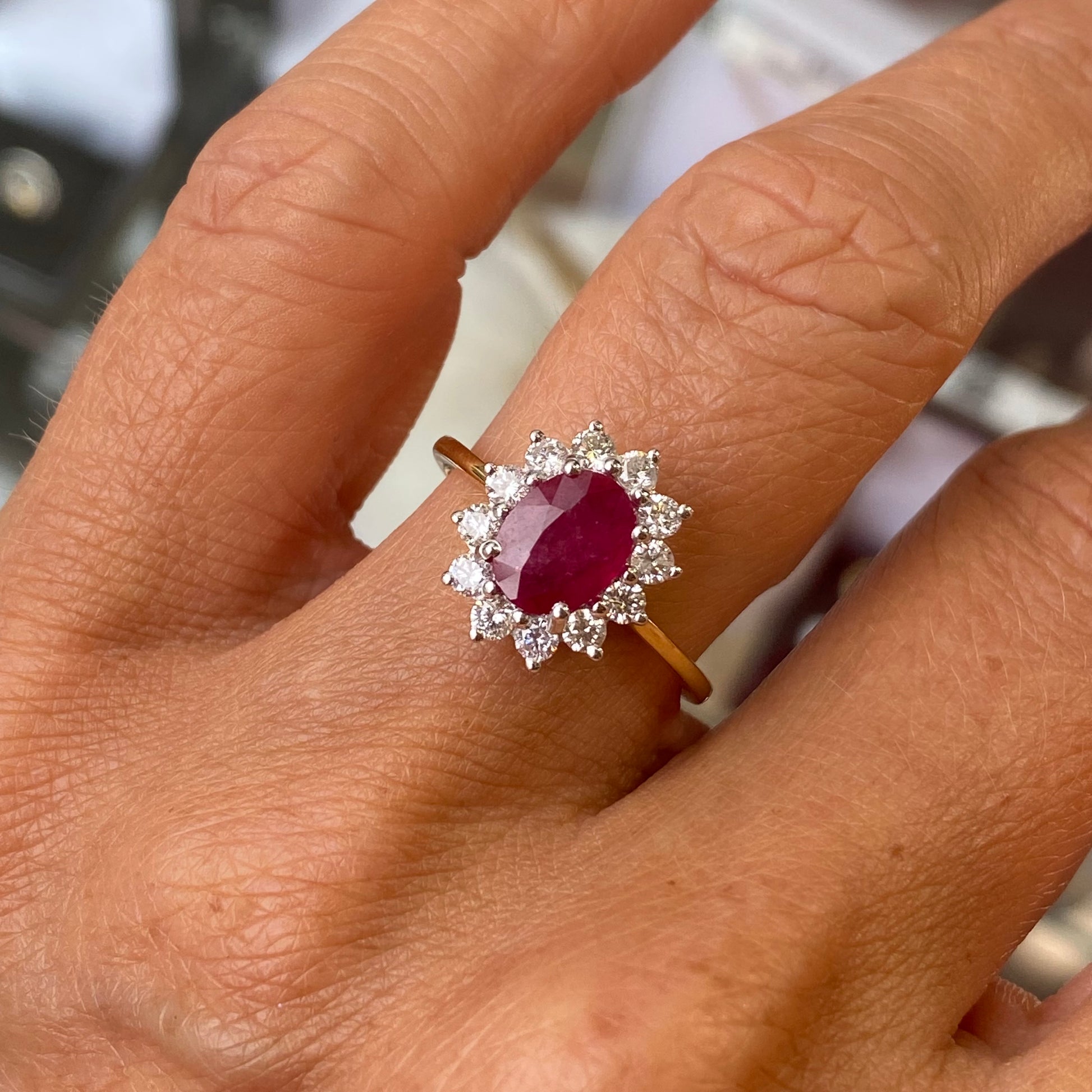 18ct Gold Ruby & Diamond Oval Cluster Ring | 1.69ct + 0.49ct - John Ross Jewellers