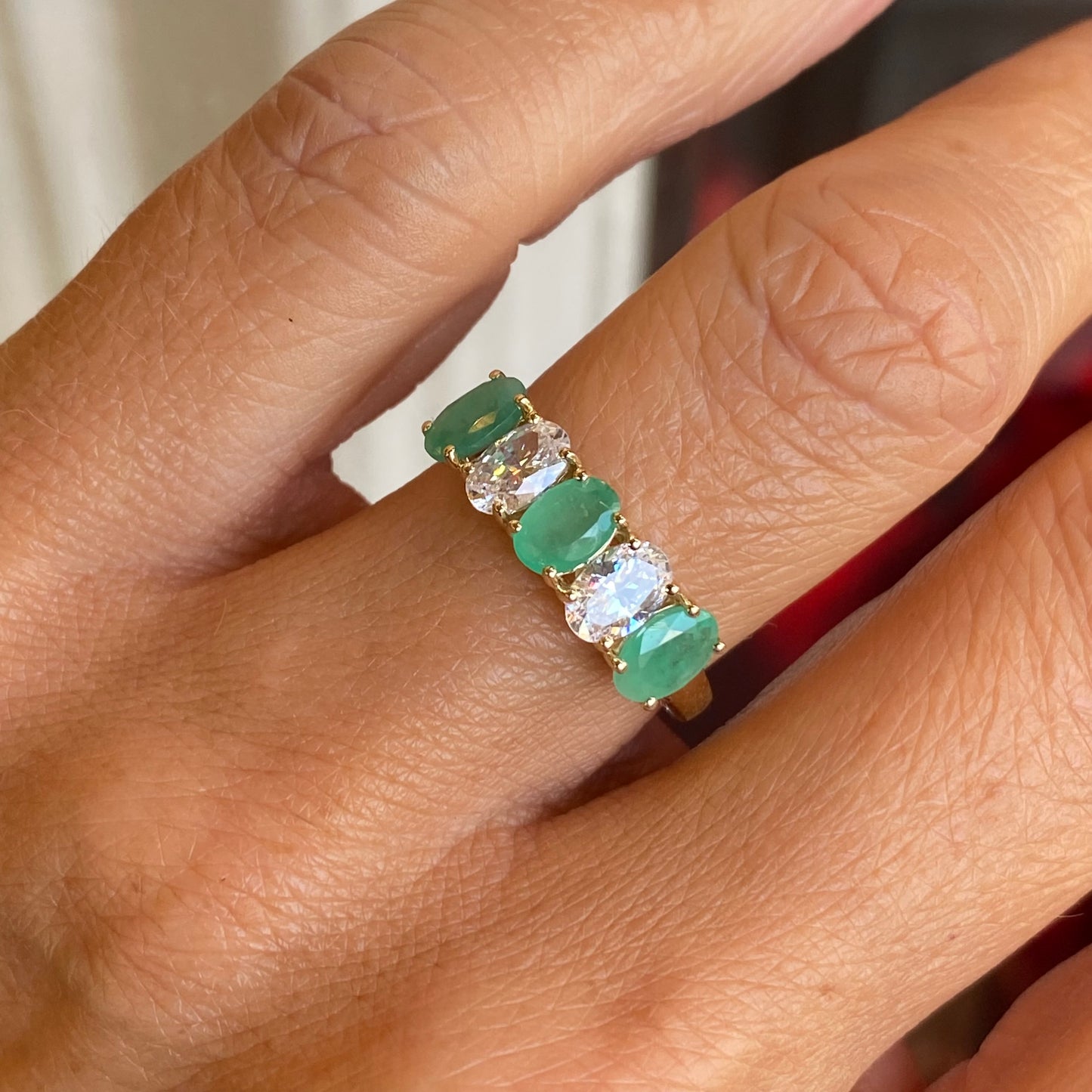 9ct Gold Oval Five Stone Eternity Ring - Emerald & CZ - John Ross Jewellers