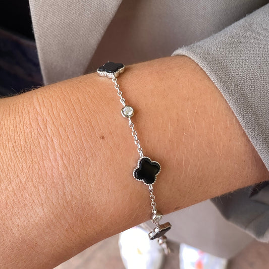 Silver CZ Bracelet | Onyx Quatrefoil