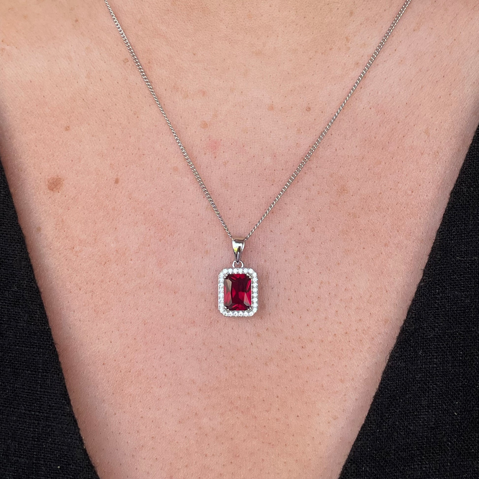 Silver Emerald Halo CZ Necklace | Ruby Red - John Ross Jewellers