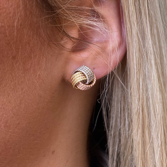 9ct Gold Three Tone Rope Knot Stud Earrings