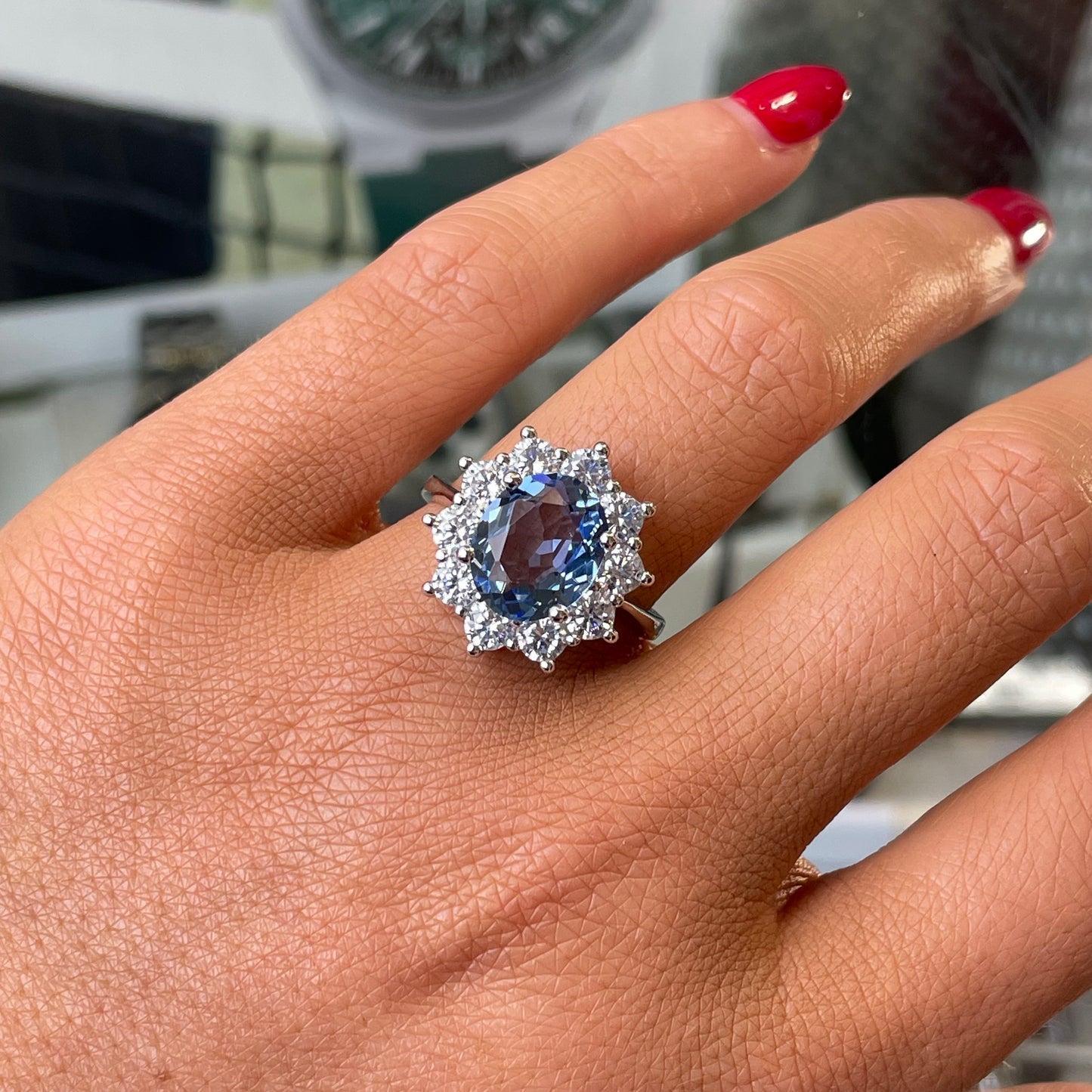 Silver Oval Cluster Ring | Aqua - John Ross Jewellers