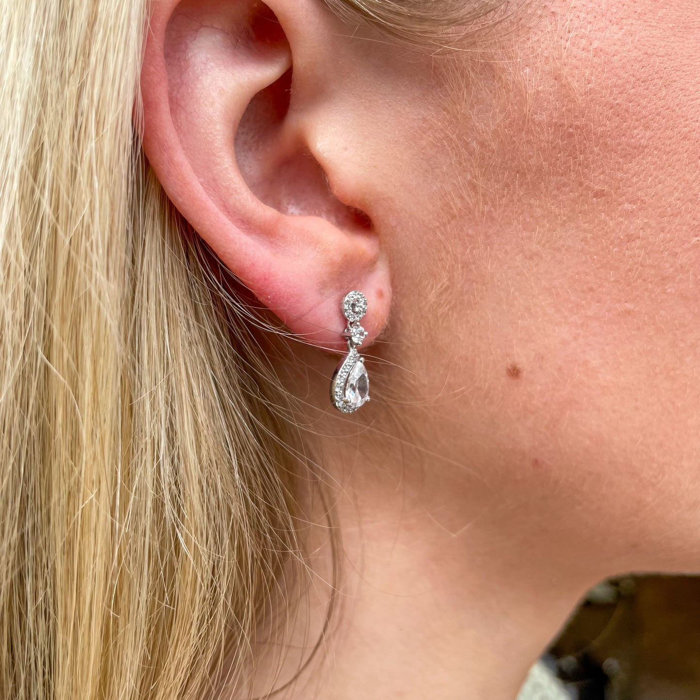 9ct White Gold Pear Halo CZ Drop Earrings - John Ross Jewellers