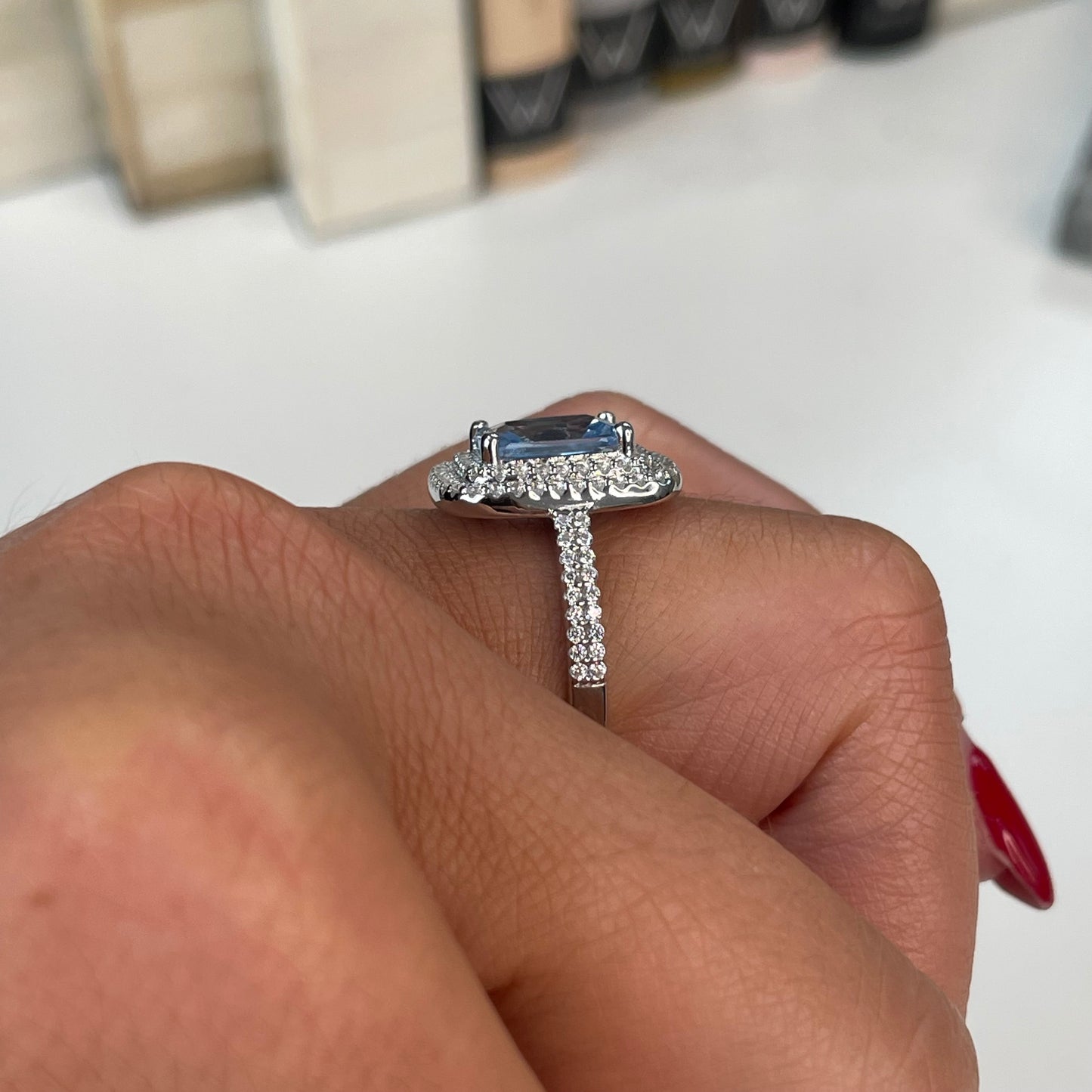Silver Aqua Double Halo Statement Ring - John Ross Jewellers