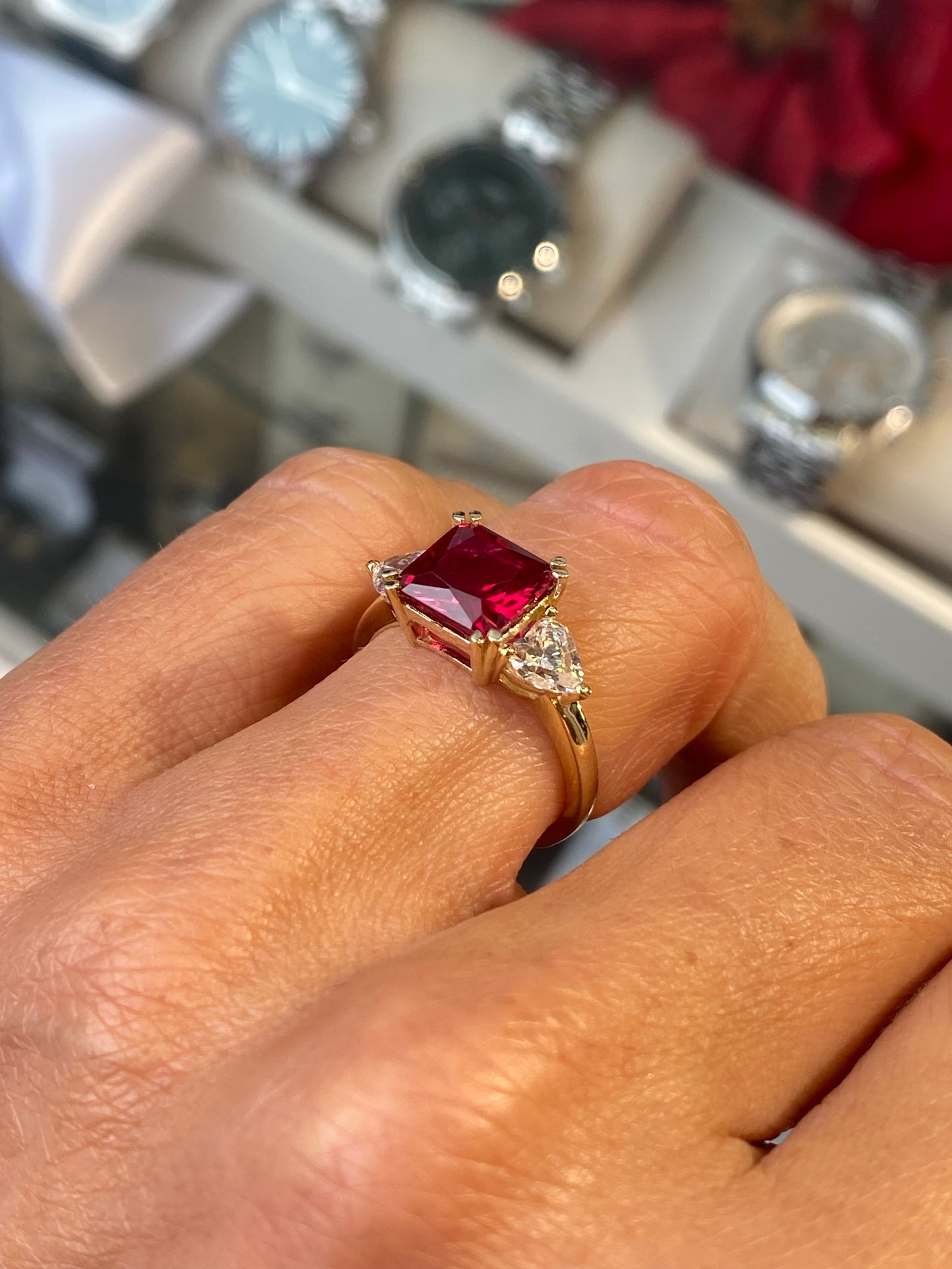 9ct Gold Created Ruby & CZ Ring