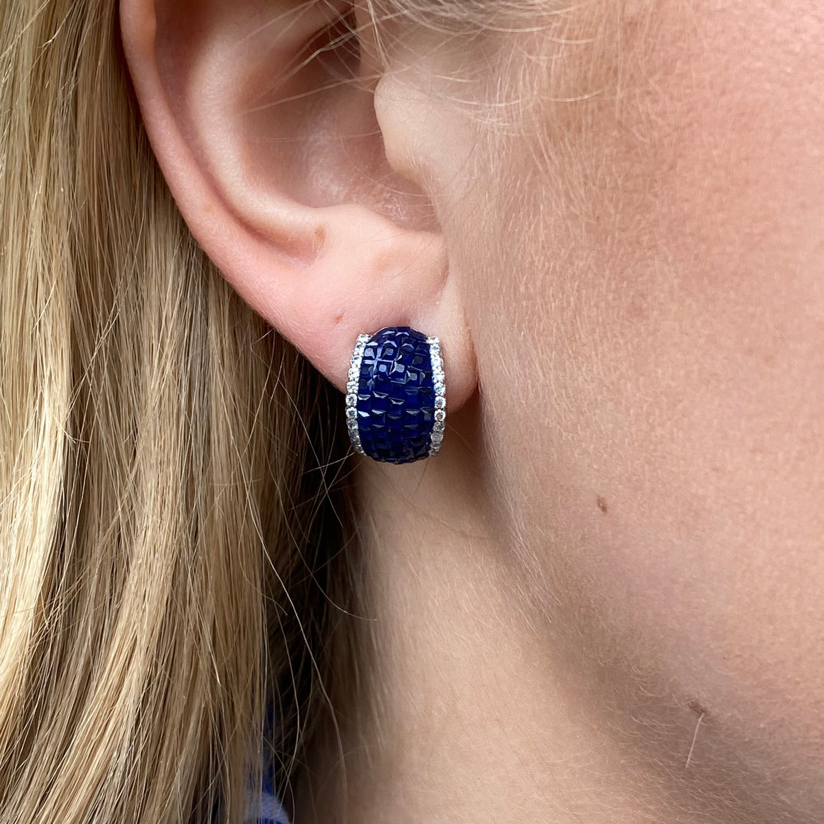 Silver Sapphire Blue Clip J. Hoop Earrings