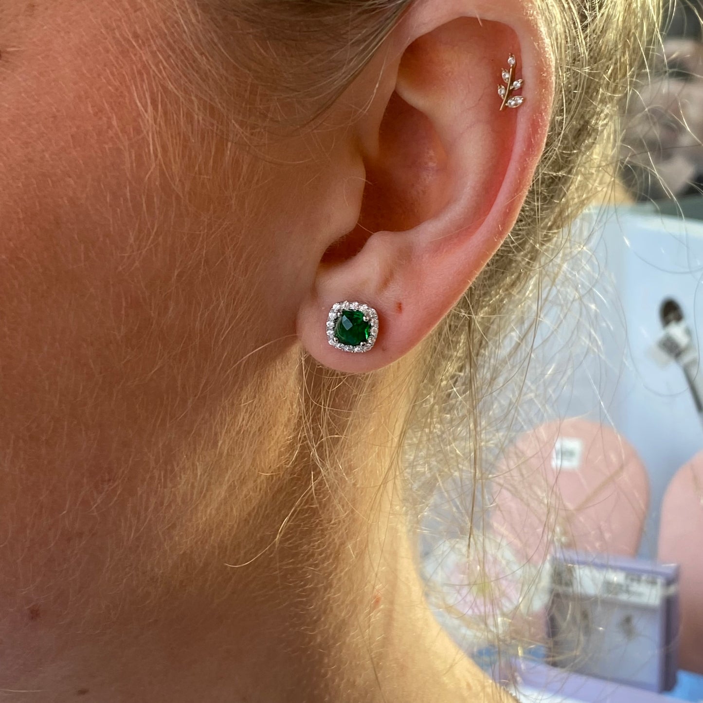 Silver Cushion Halo Stud Earrings | Emerald Green - John Ross Jewellers