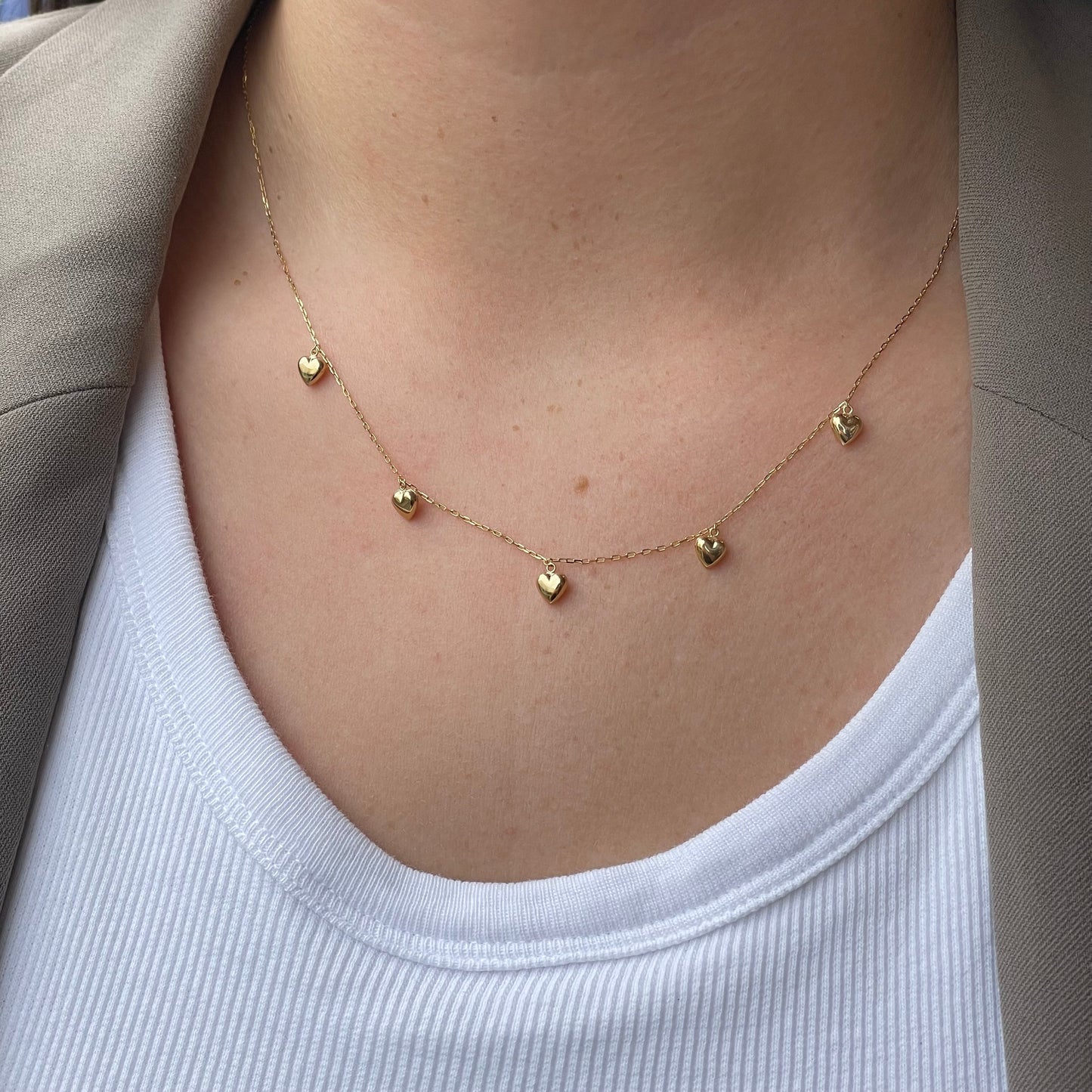 9ct Gold Puffed Five Hearts Fringe Necklace - John Ross Jewellers