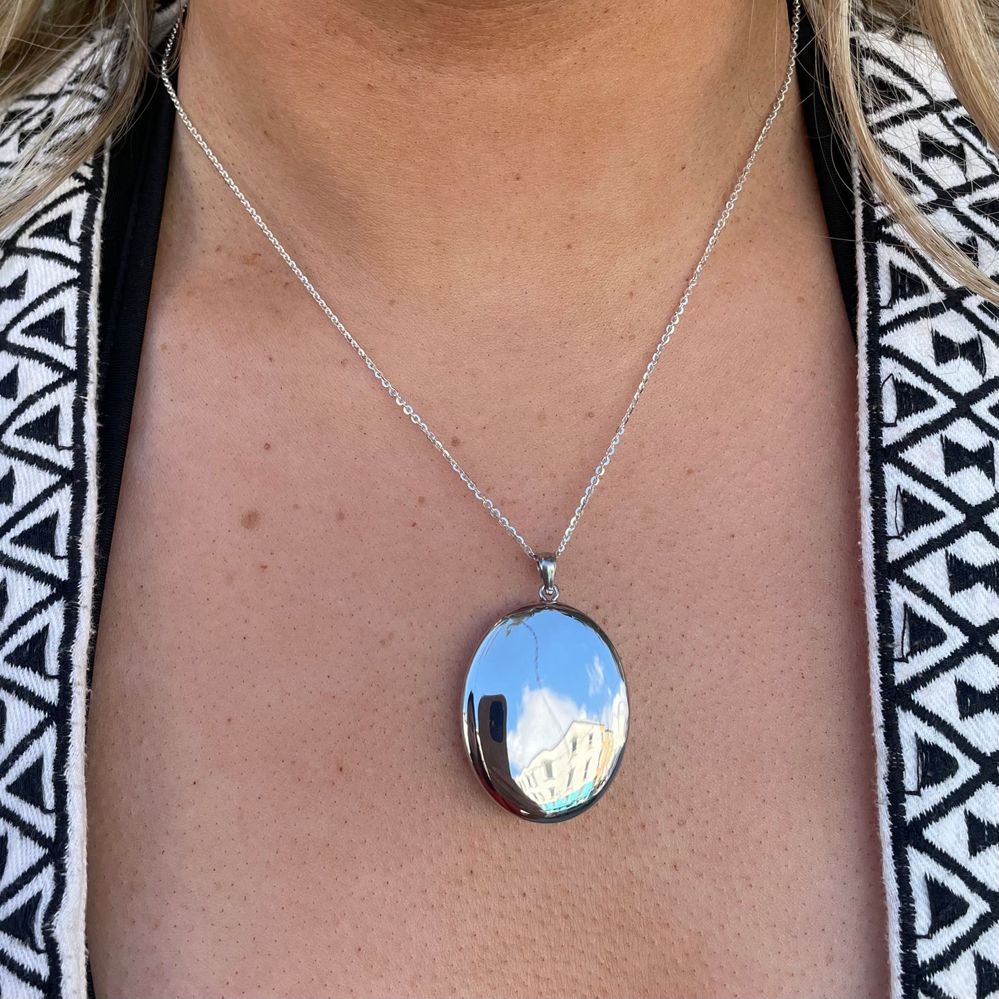 Silver Large Oval Locket and Chain