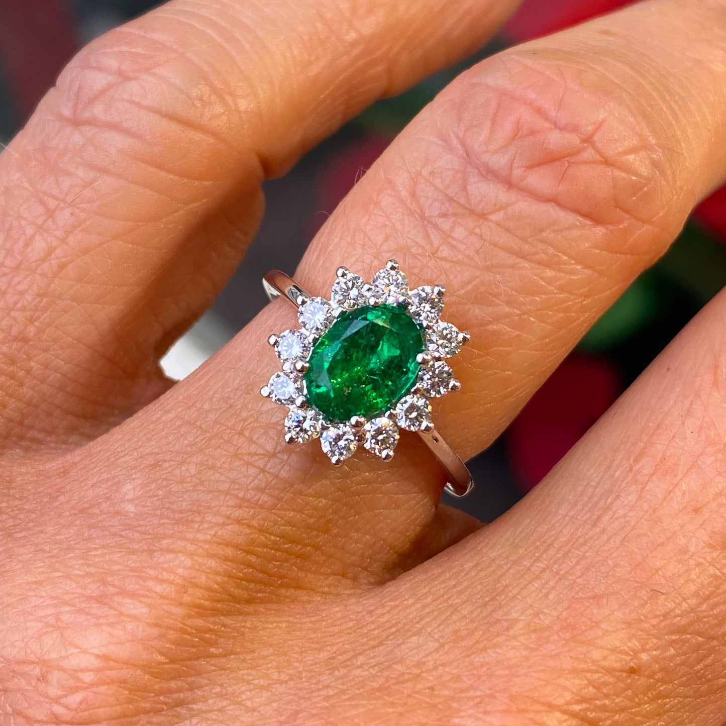 Platinum Emerald & Diamond Oval Cluster Ring | 1.28ct + 0.51ct - John Ross Jewellers