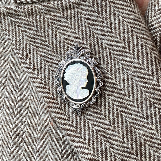 Silver Marcasite, Onyx & Mother of Pearl Cameo Brooch - John Ross Jewellers