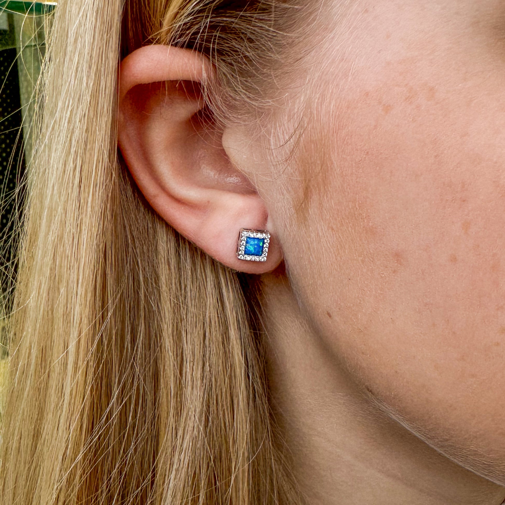Silver Square Blue Opalique & CZ Halo Stud Earrings - John Ross Jewellers