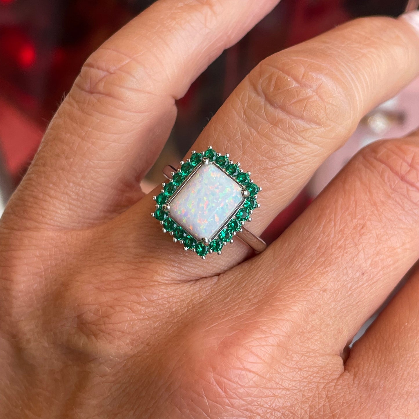 Silver Radiant Cluster Ring | Opalique & Emerald Green - John Ross Jewellers