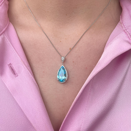 Silver Pear CZ Halo Necklace | Sky Blue