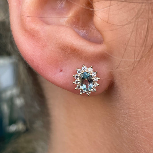 9ct Gold Sky Blue Topaz & CZ Oval Stud Earrings