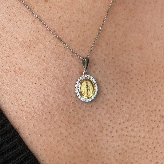 9ct White Gold Two Tone CZ Miraculous Medal Necklace | Very Small