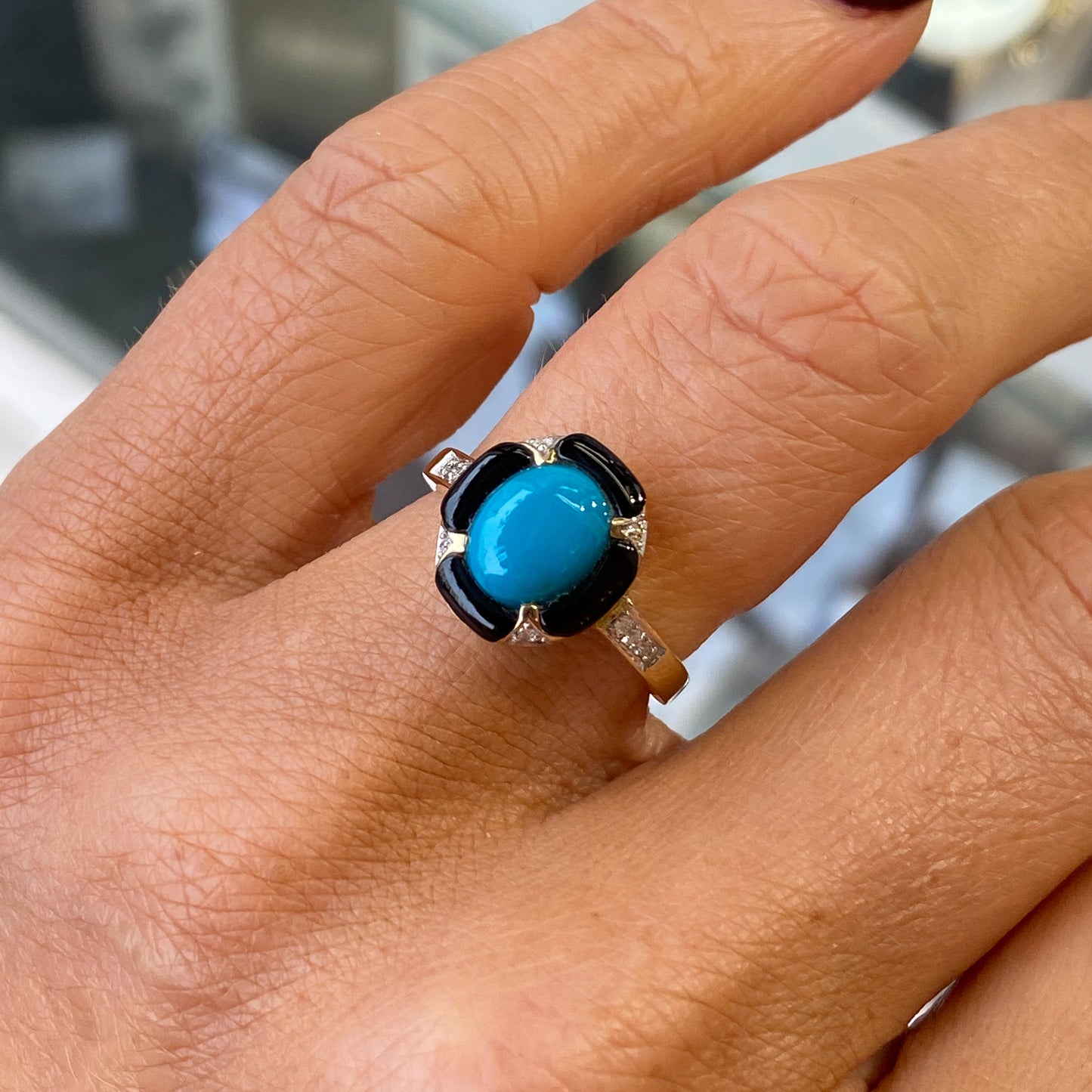 9ct Yellow Gold Turquoise, Onyx & Diamond Ring