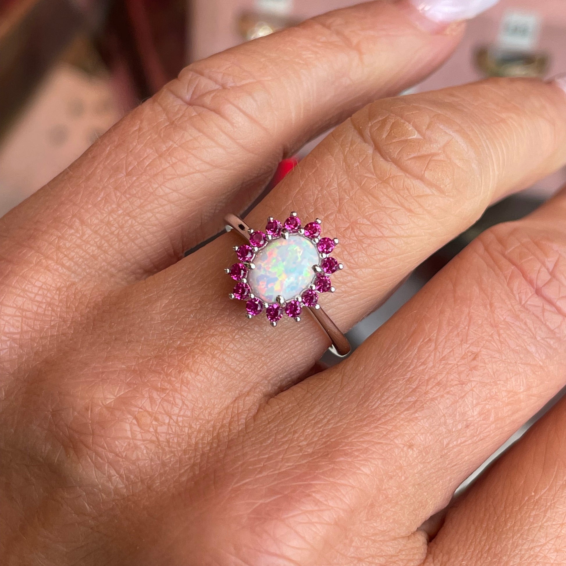 Silver Oval Diana Cluster Ring | Opalique & Ruby Red - John Ross Jewellers