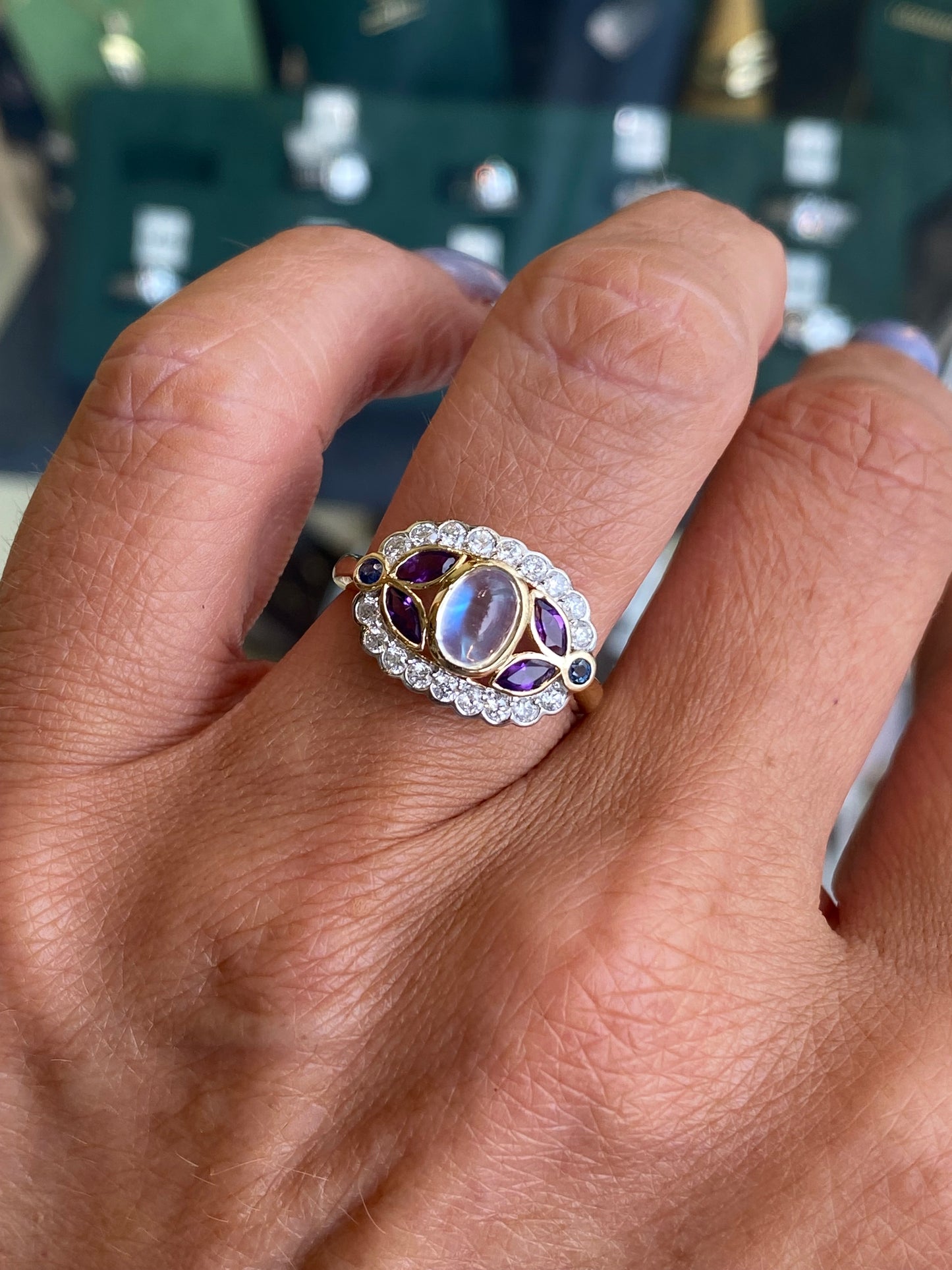9ct Gold Rainbow Blue Moonstone, Amethyst, Sapphire & Diamond Ring