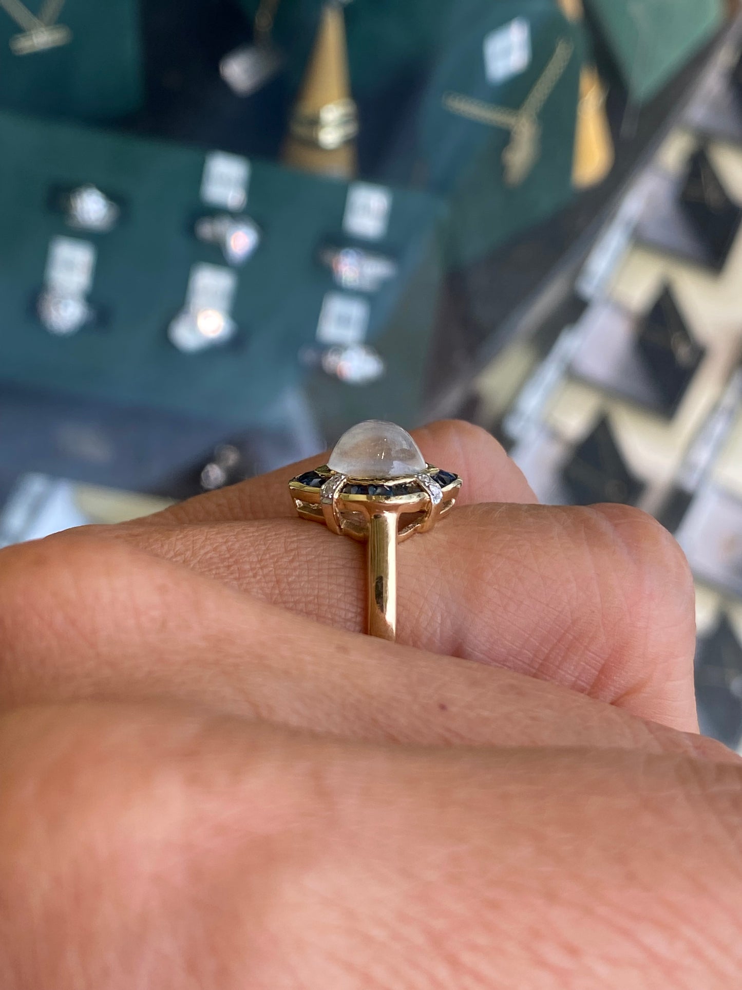 9ct Gold Rainbow Blue Moonstone, Sapphire & Diamond Ring