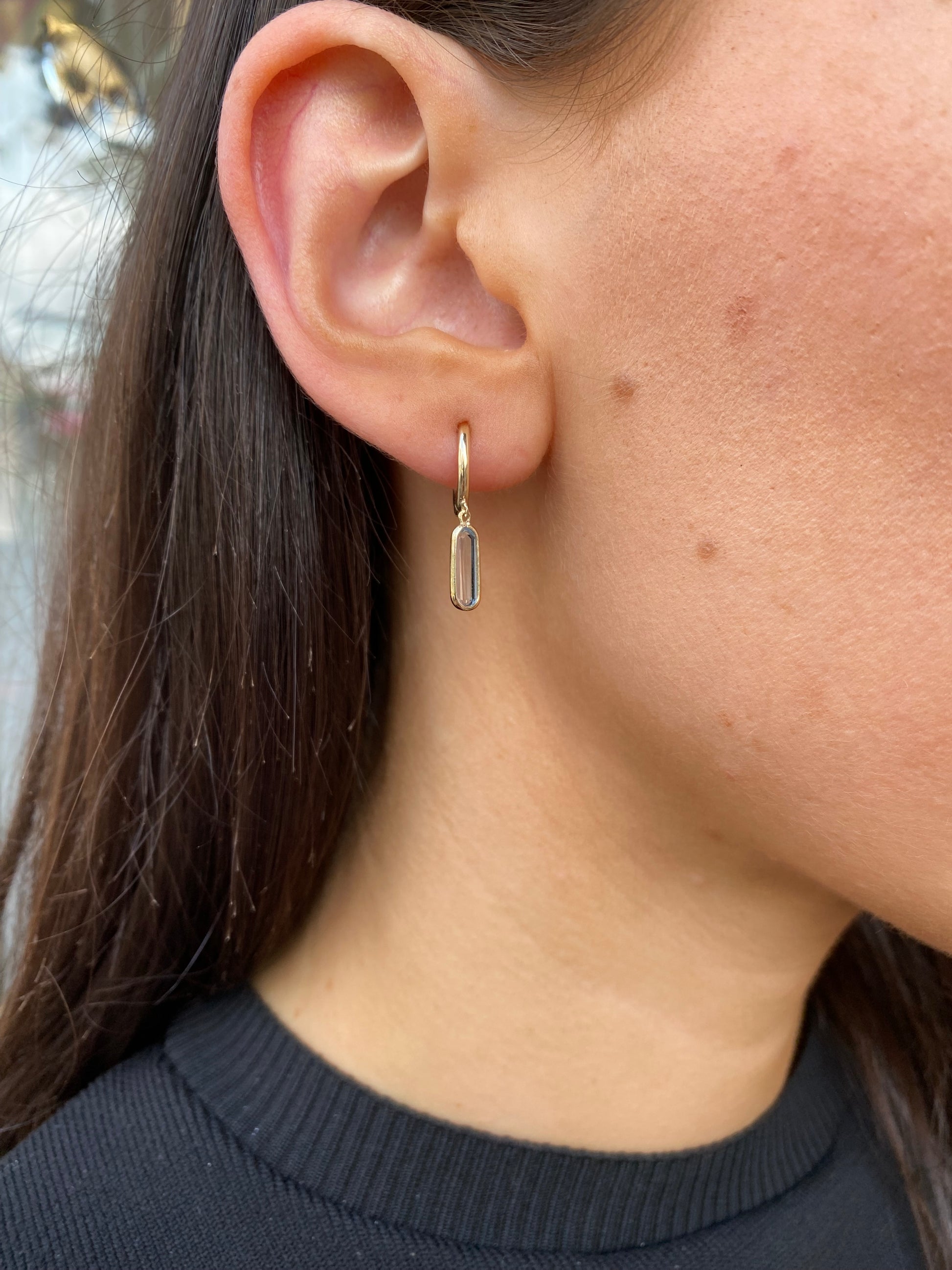 9ct Gold Elongated Blue Topaz Drop Hoop Earrings - John Ross Jewellers