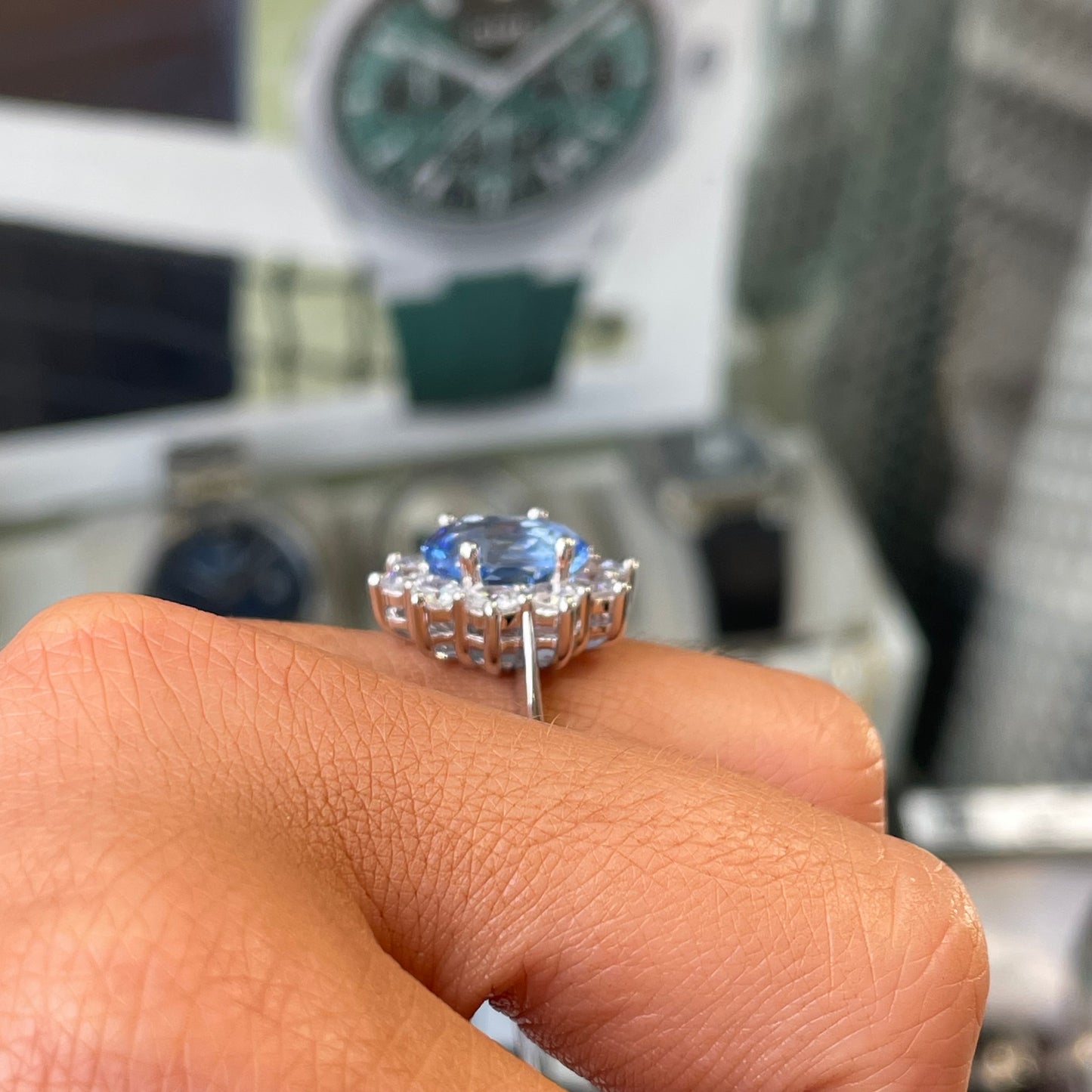 Silver Oval Cluster Ring | Aqua - John Ross Jewellers
