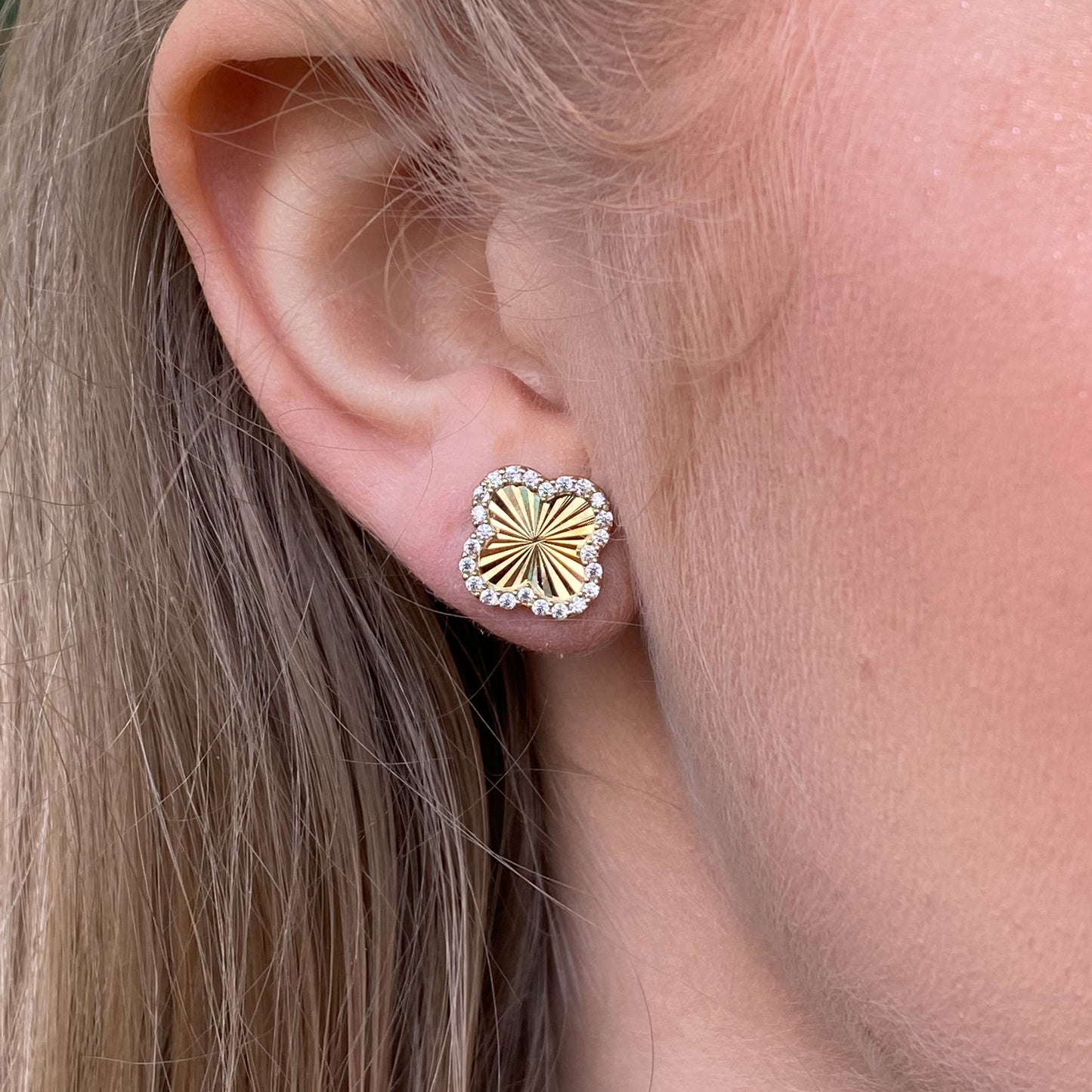 9ct Gold Alhambra Quatrefoil CZ Stud Earrings | 13mm - John Ross Jewellers