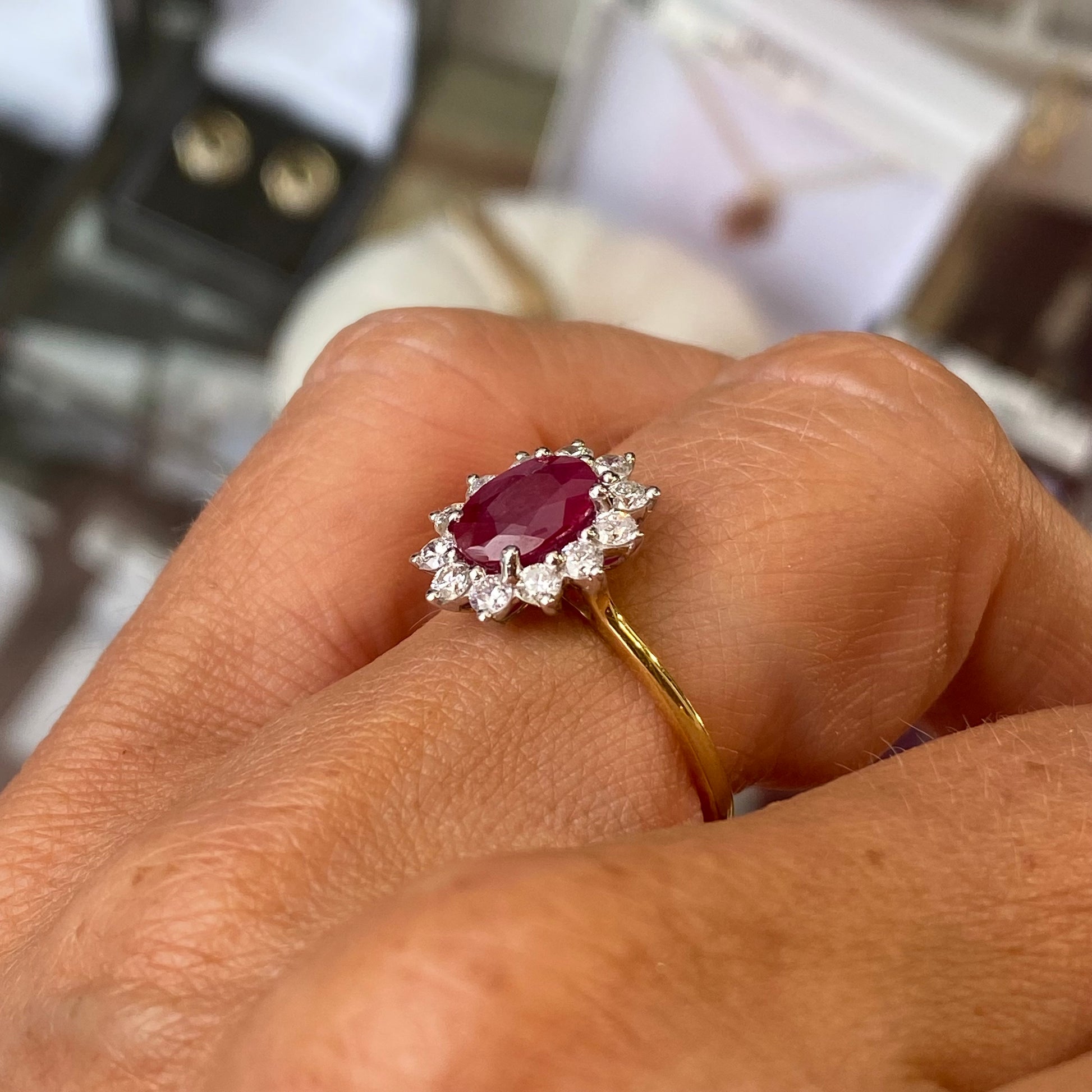 18ct Gold Ruby & Diamond Oval Cluster Ring | 1.69ct + 0.49ct - John Ross Jewellers