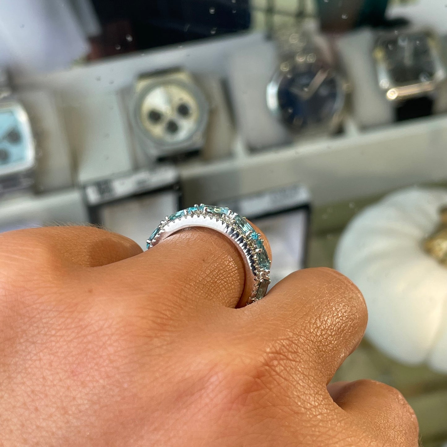 Silver Aqua CZ Band Ring - John Ross Jewellers