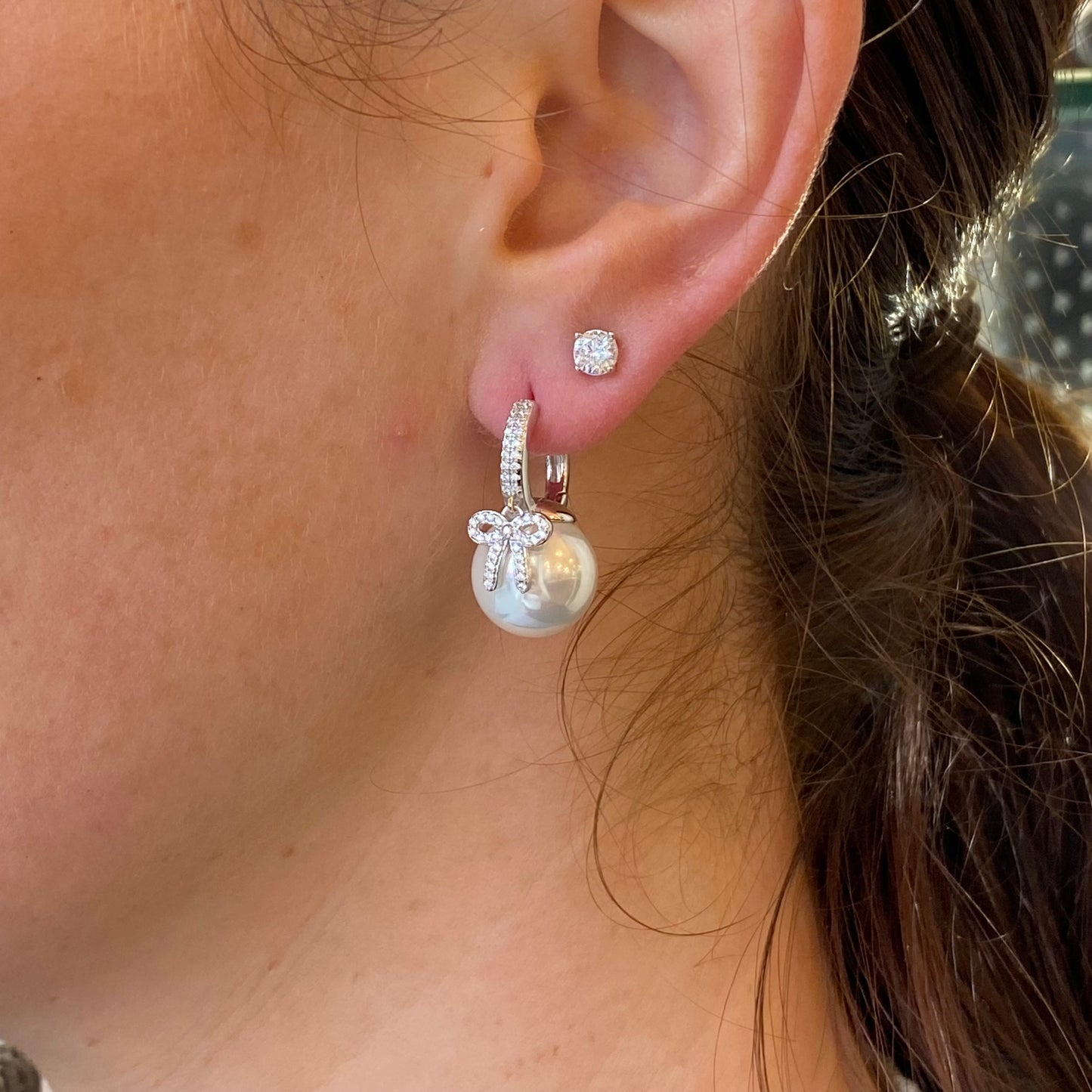 Silver Pearl & CZ Bow  Hoop Drop Earrings - John Ross Jewellers