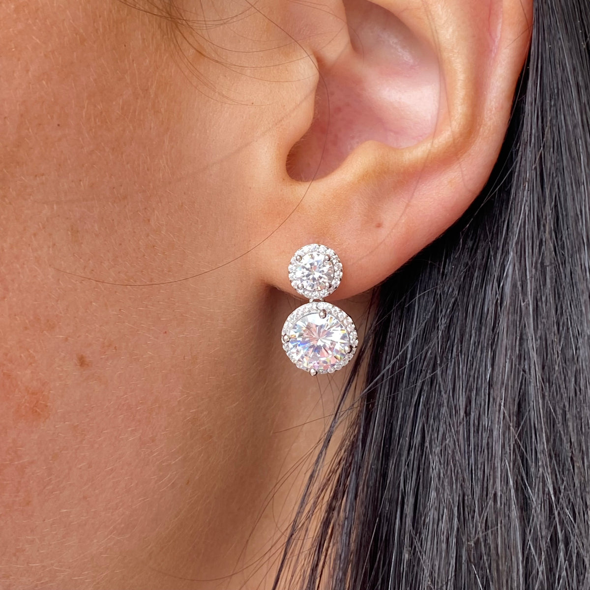 Silver Double Round Halo CZ Drop Earrings